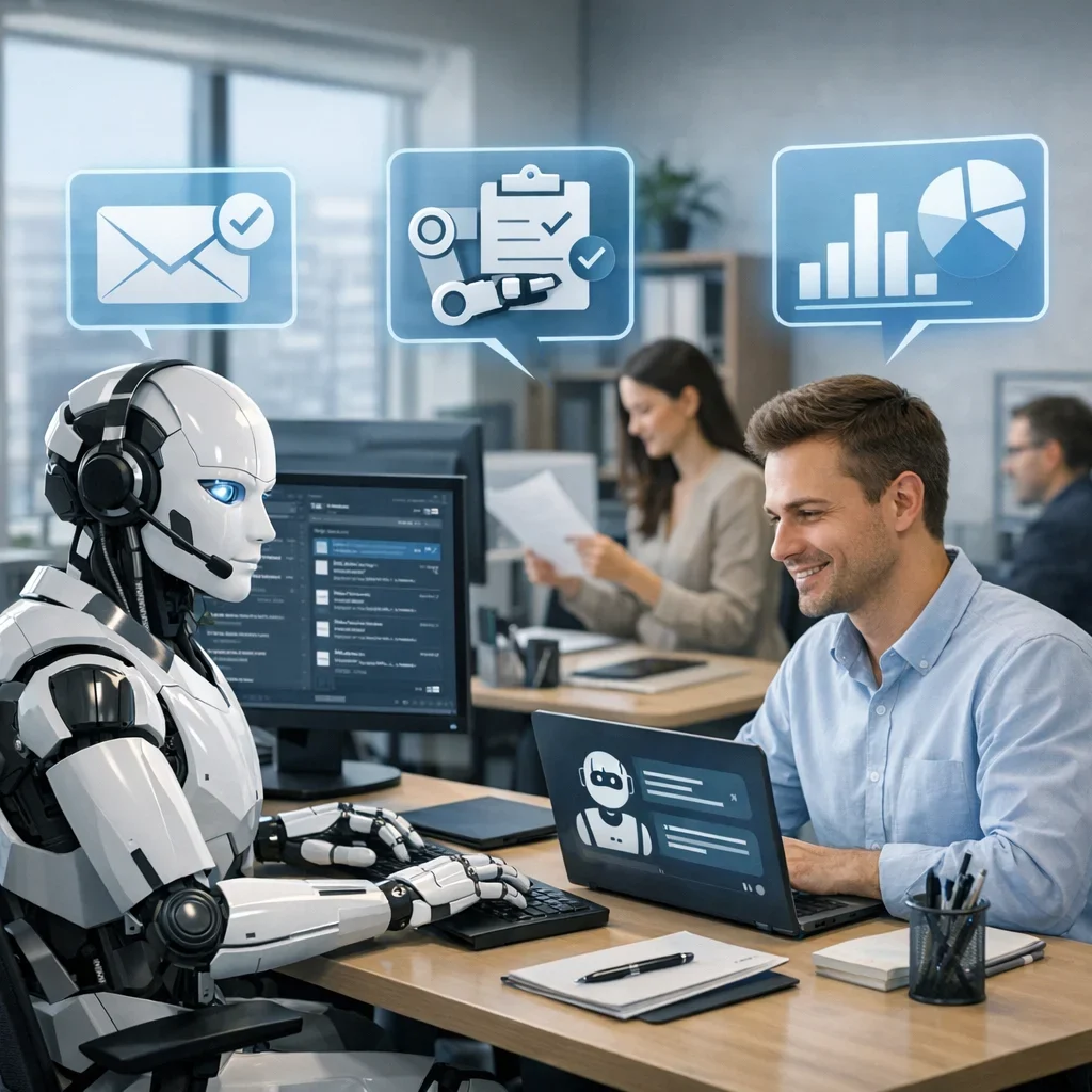 Aufgaben im Büro mit KI automatisieren: Was wirklich funktioniert (Illustrationsbild 1, Stil Berraquero.com, ohne Text)
