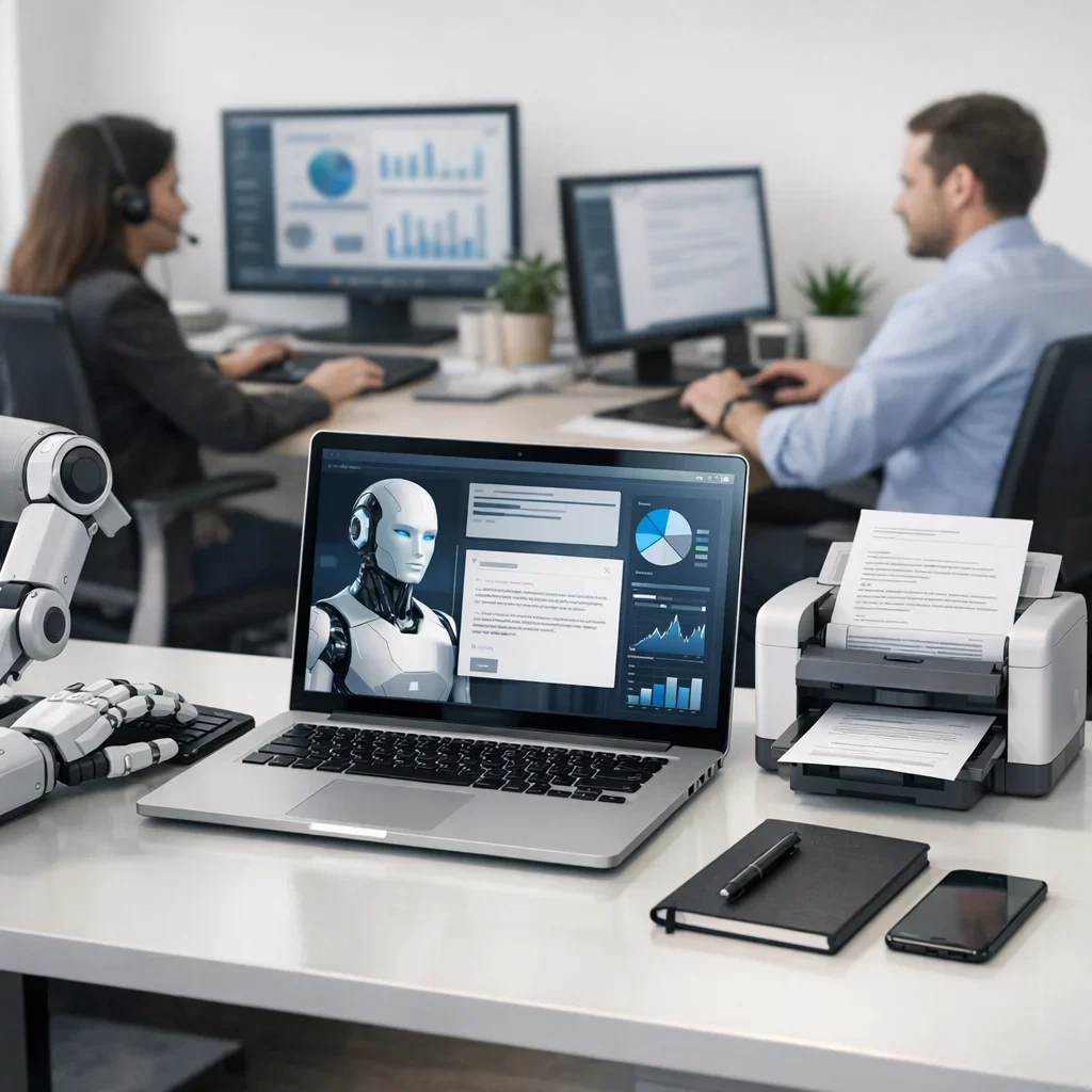 Aufgaben im Büro mit KI automatisieren: Was wirklich funktioniert (Illustrationsbild 2, Stil Berraquero.com, ohne Text)