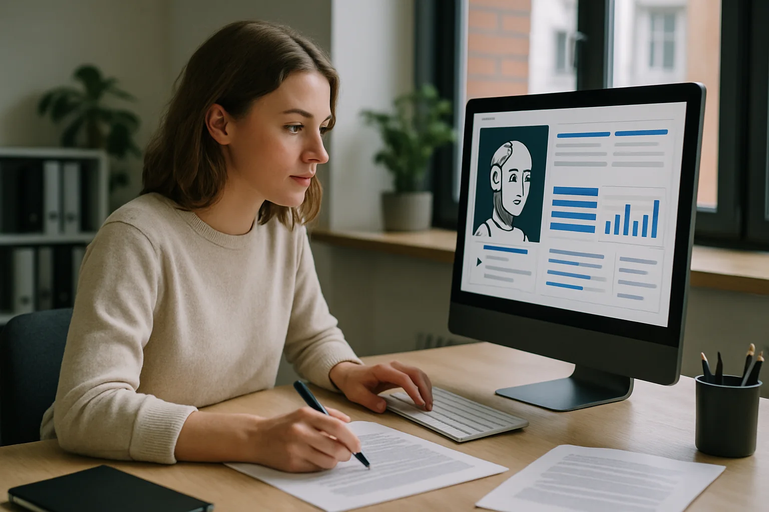 KI im Marketing (Texte/Werbung) — Praktischer Leitfaden (Illustrationsbild 1, Stil Berraquero.com, ohne Text)
