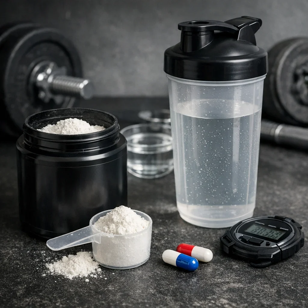 Kreatin: wie man sie 2026 einnimmt und häufige Fehler (Illustrationsbild 2, Stil Berraquero.com, ohne Text)