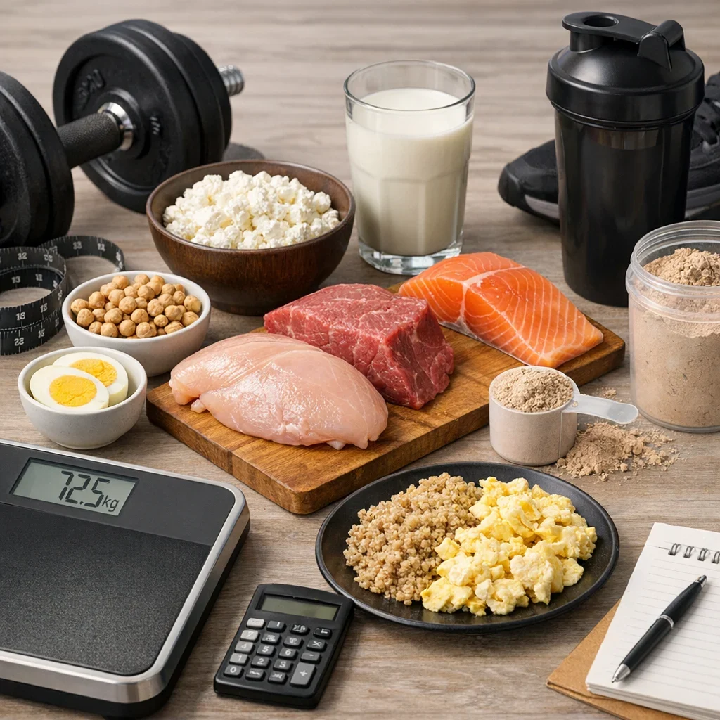 Täglicher Proteinbedarf: Wie viel brauchst du wirklich in Abhängigkeit von deinem Gewicht (Illustrationsbild 2, Stil Berraquero.com, ohne Text)