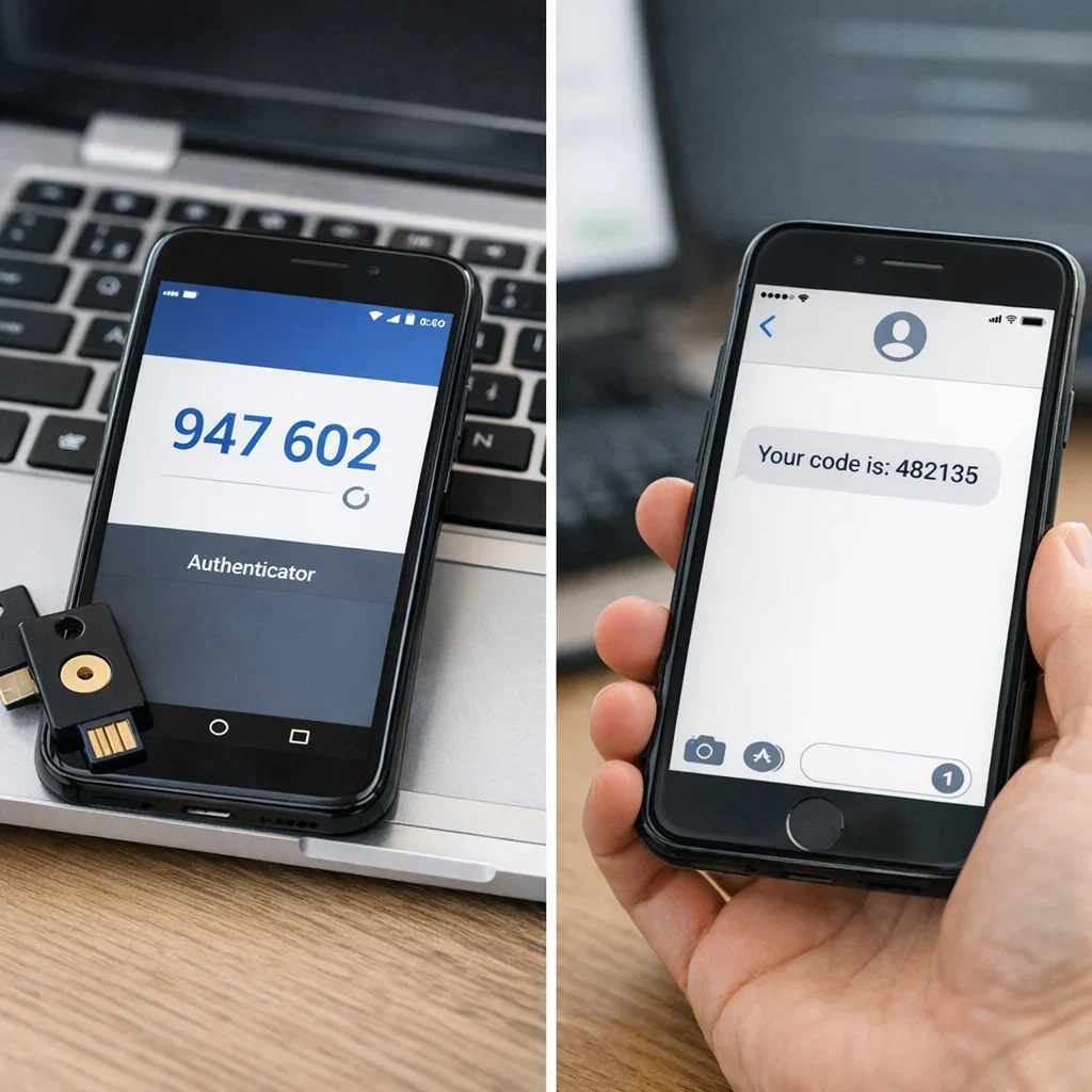 2FA: qué app usar y por qué el SMS es flojito (imagen ilustrativa 2, estilo Berraquero.com, sin texto)