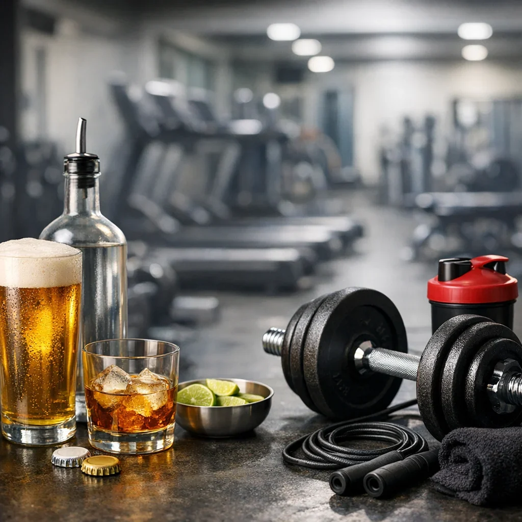 Alcohol y gym: cómo minimizar daños (si vas a beber) (imagen ilustrativa 1, estilo Berraquero.com, sin texto)