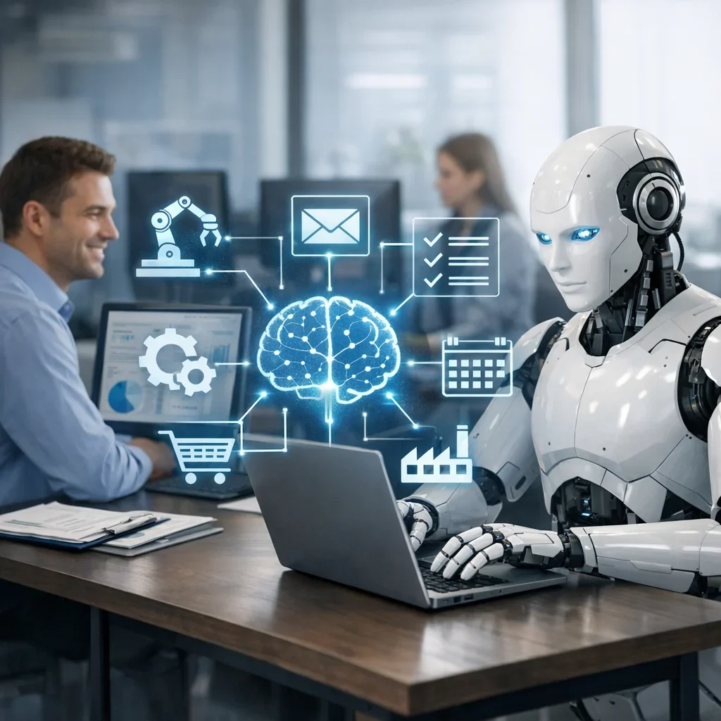 Automatización en empresas con IA: 12 procesos que puedes quitarte de encima (imagen ilustrativa 1, estilo Berraquero.com, sin texto)