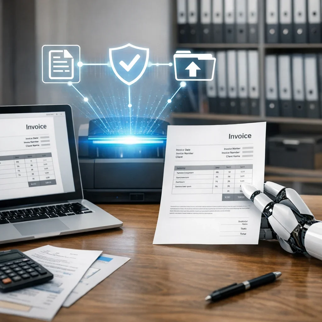 Automatizar facturas con IA: lectura, validación y archivo (imagen ilustrativa 1, estilo Berraquero.com, sin texto)