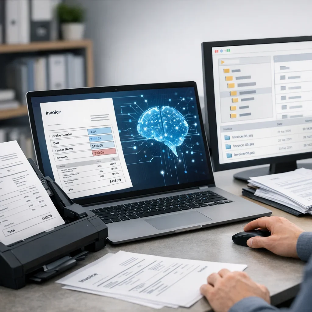 Automatizar facturas con IA: lectura, validación y archivo (imagen ilustrativa 2, estilo Berraquero.com, sin texto)