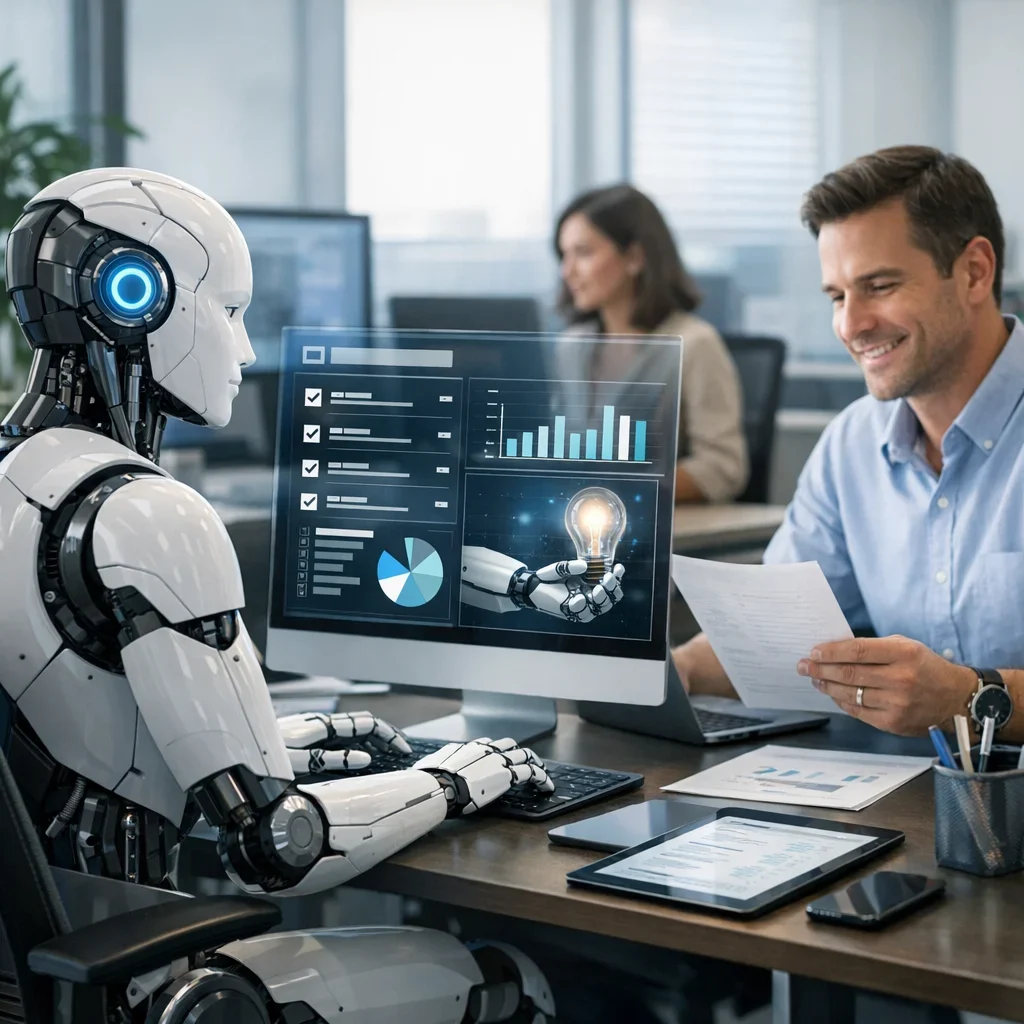 Automatizar tareas en oficina con IA: lo que funciona de verdad (imagen ilustrativa 1, estilo Berraquero.com, sin texto)