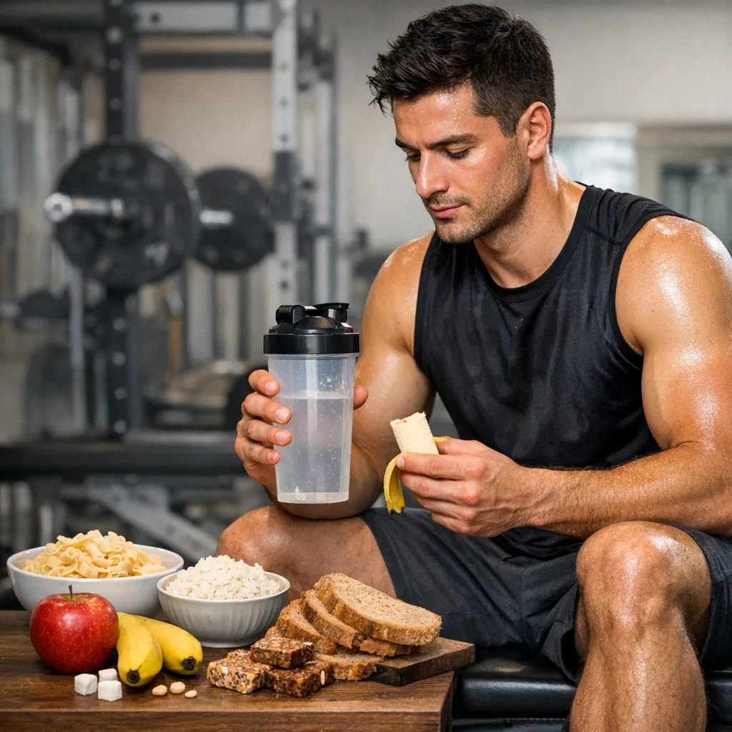 Carbohidratos: cuándo meterlos para rendir más en el gym (imagen ilustrativa 1, estilo Berraquero.com, sin texto)
