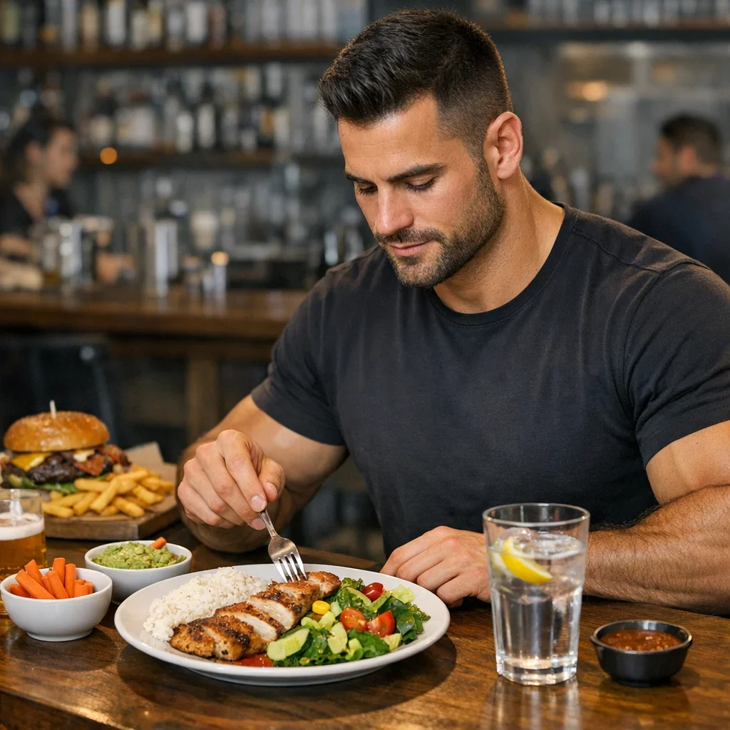 Comer fuera en volumen: cómo no liarla en el bar (imagen ilustrativa 1, estilo Berraquero.com, sin texto)