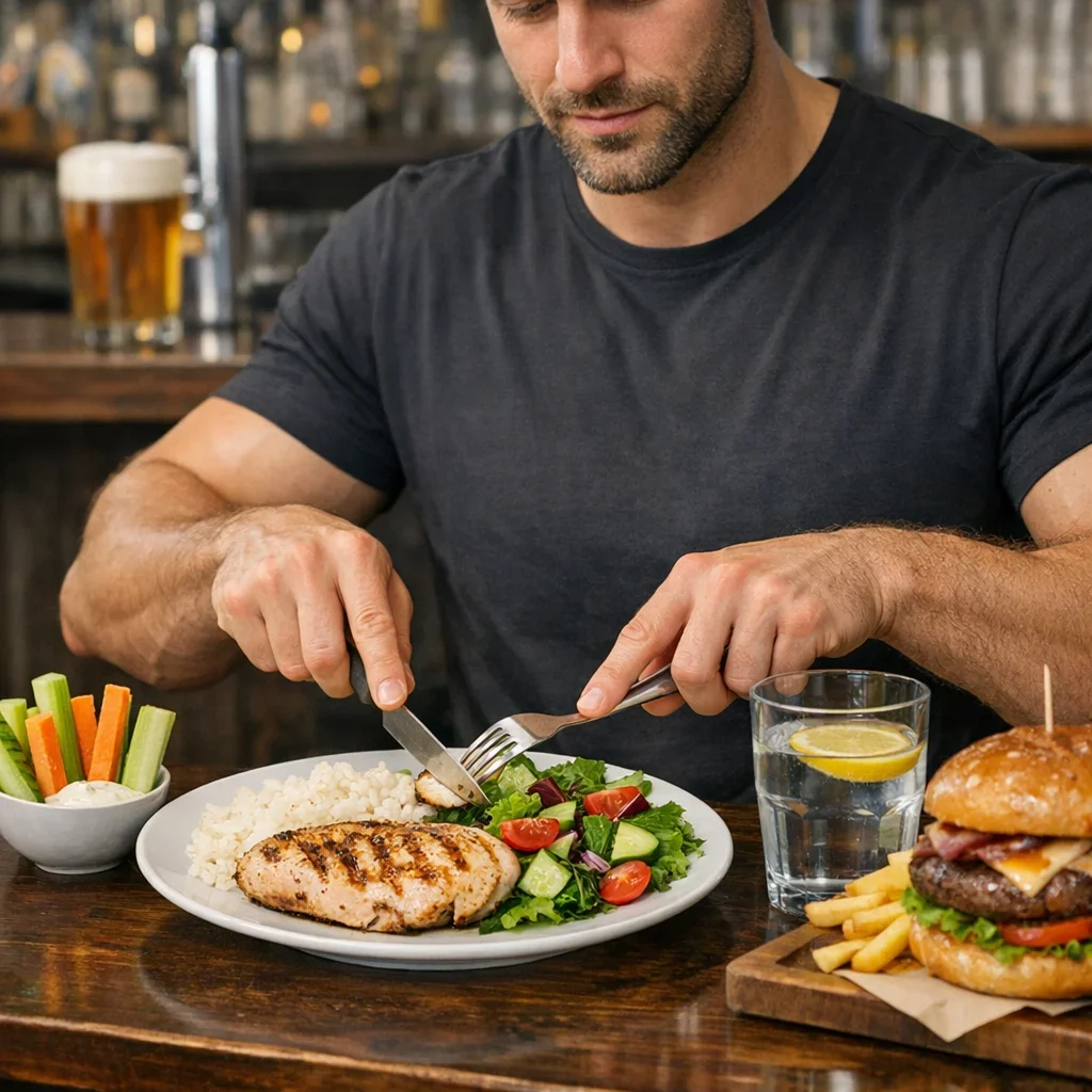 Comer fuera en volumen: cómo no liarla en el bar (imagen ilustrativa 2, estilo Berraquero.com, sin texto)