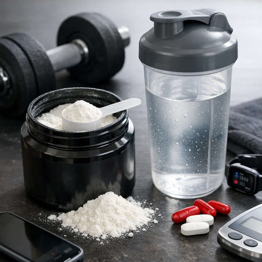 Creatina: cómo tomarla en 2026 y errores típicos (imagen ilustrativa 1, estilo Berraquero.com, sin texto)