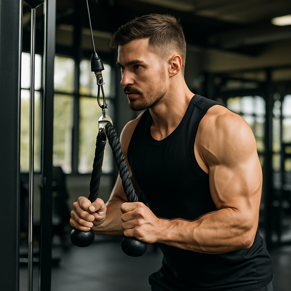 Entrenamiento de tríceps (imagen ilustrativa 1, estilo Berraquero.com, sin texto)