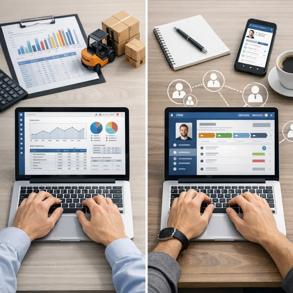 ERP vs CRM: diferencias claras y cuándo necesitas cada uno (imagen ilustrativa 1, estilo Berraquero.com, sin texto)