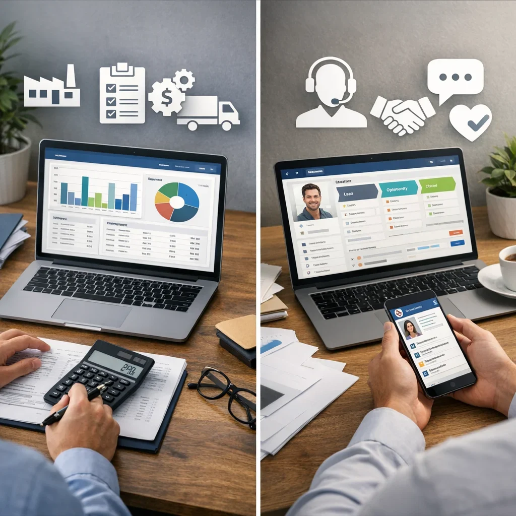 ERP vs CRM: diferencias claras y cuándo necesitas cada uno (imagen ilustrativa 2, estilo Berraquero.com, sin texto)
