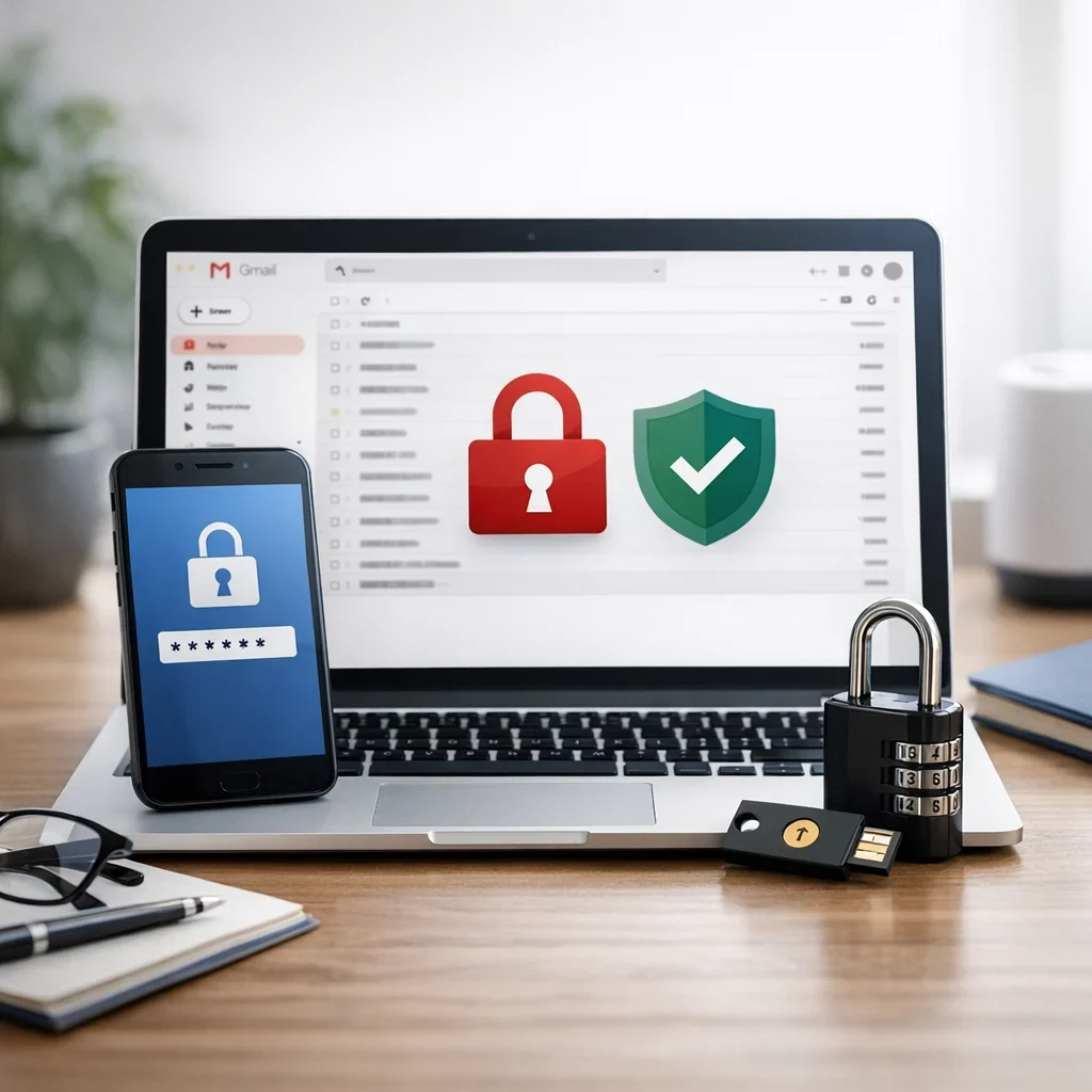 Gmail: 7 ajustes para blindar tu cuenta sin complicarte (imagen ilustrativa 1, estilo Berraquero.com, sin texto)