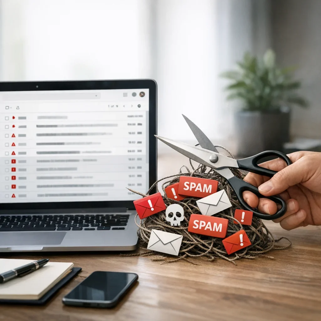 Gmail: cómo cortar el spam desde la raíz (alias y trucos) (imagen ilustrativa 1, estilo Berraquero.com, sin texto)