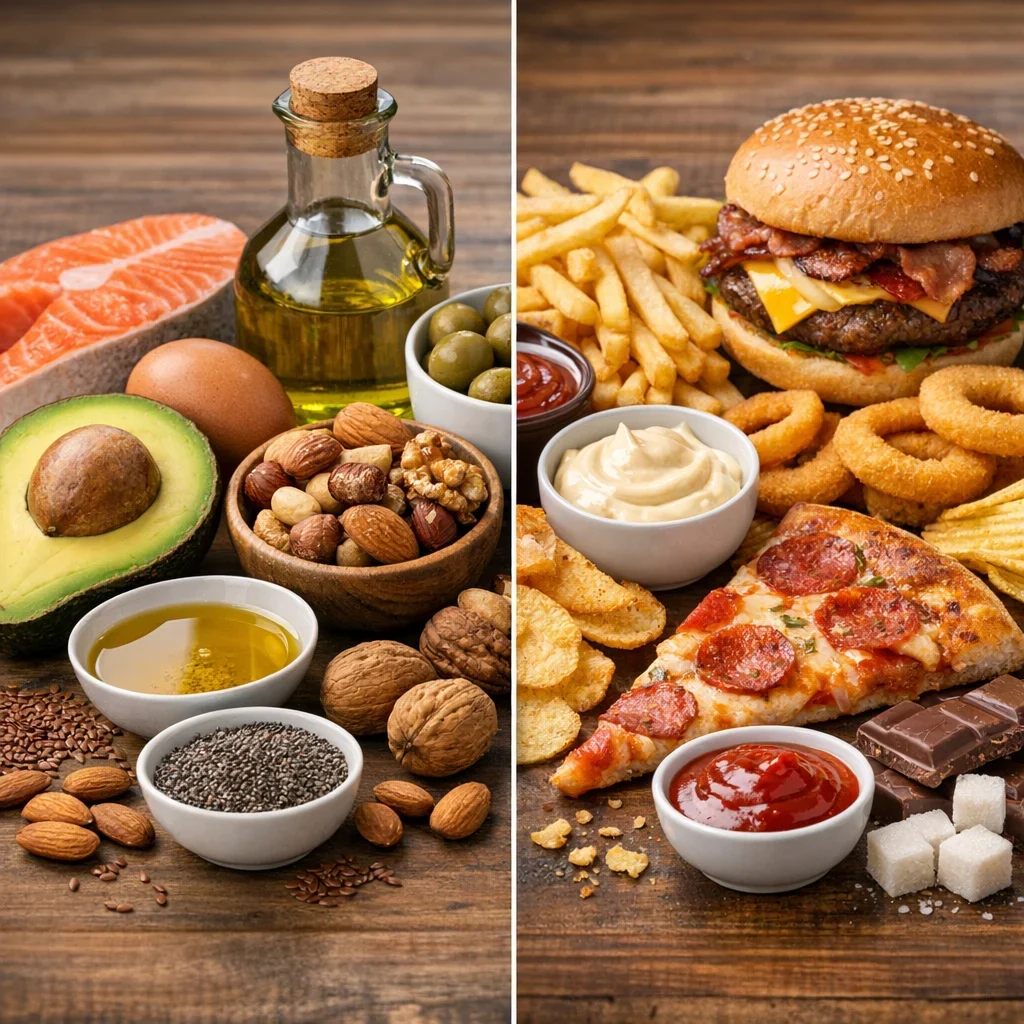 Grasas: las que sí te convienen y las que te frenan (imagen ilustrativa 1, estilo Berraquero.com, sin texto)
