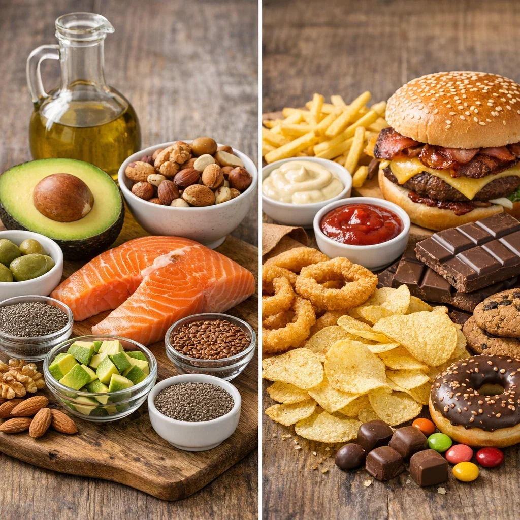 Grasas: las que sí te convienen y las que te frenan (imagen ilustrativa 2, estilo Berraquero.com, sin texto)