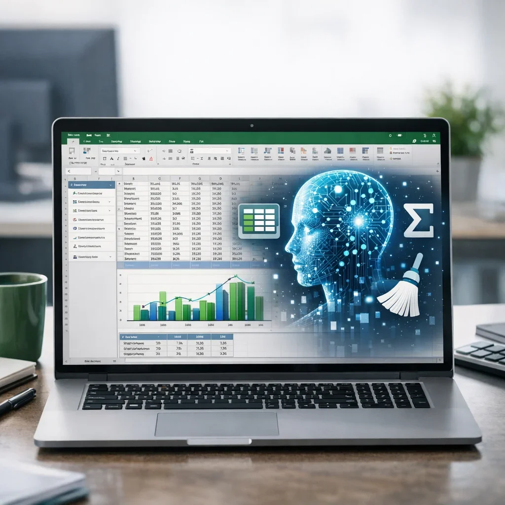 IA en Excel: fórmulas, tablas y limpieza de datos a lo bestia (imagen ilustrativa 1, estilo Berraquero.com, sin texto)