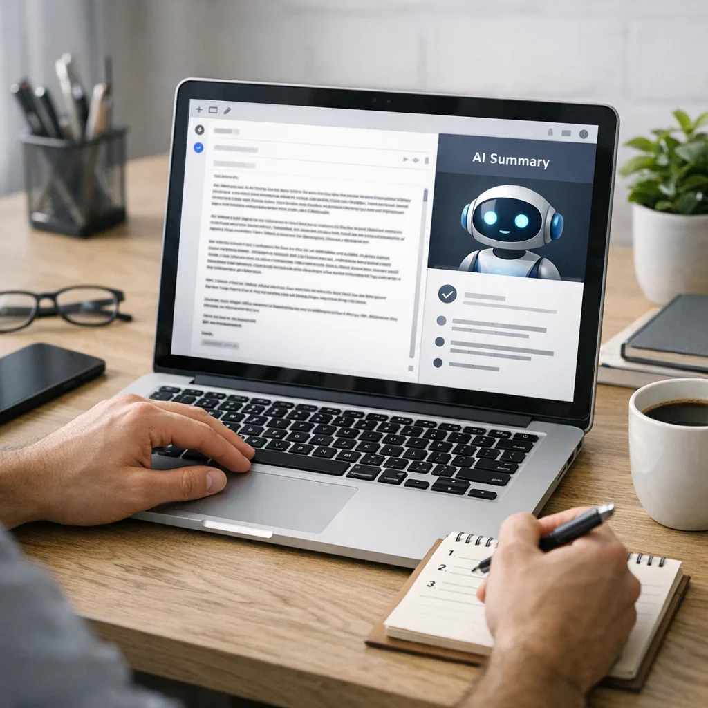 IA para resumir emails largos: método en 3 pasos (imagen ilustrativa 1, estilo Berraquero.com, sin texto)