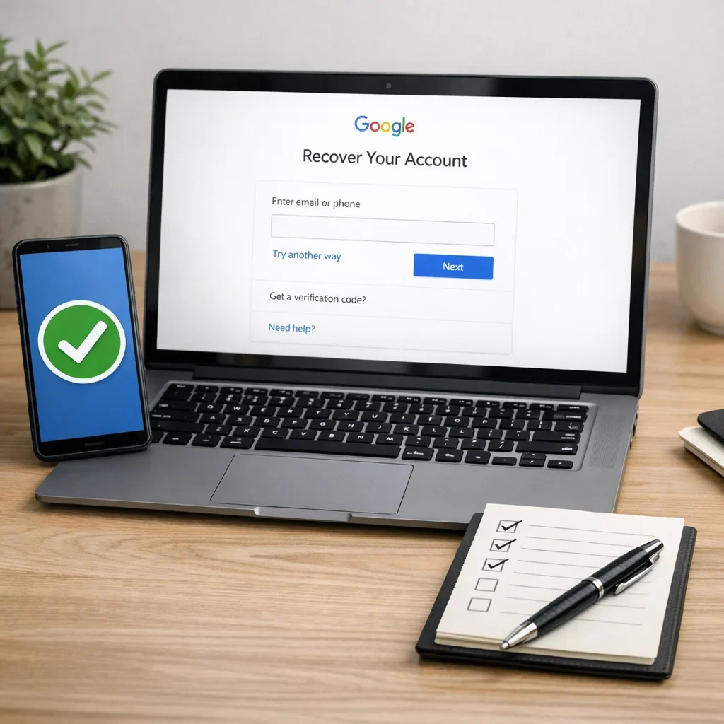 Recuperar cuenta de Google: checklist sin dramas (imagen ilustrativa 1, estilo Berraquero.com, sin texto)