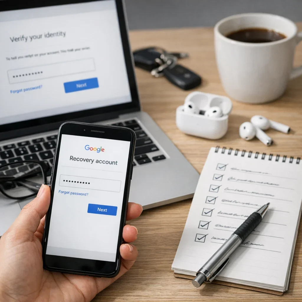 Recuperar cuenta de Google: checklist sin dramas (imagen ilustrativa 2, estilo Berraquero.com, sin texto)