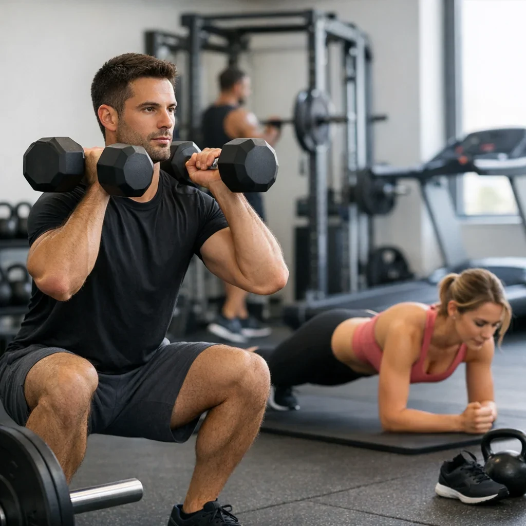 Rutina full body 3 días para gente con poco tiempo (imagen ilustrativa 2, estilo Berraquero.com, sin texto)