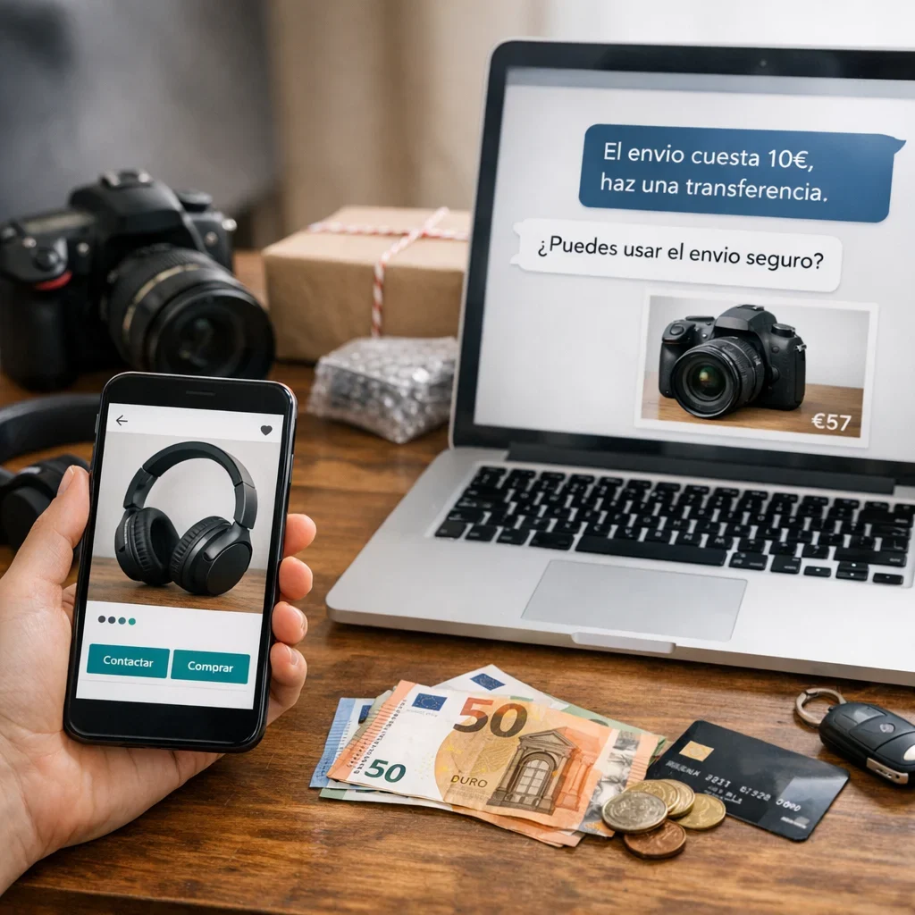 Wallapop: estafas comunes y cómo vender/comprar seguro (imagen ilustrativa 2, estilo Berraquero.com, sin texto)