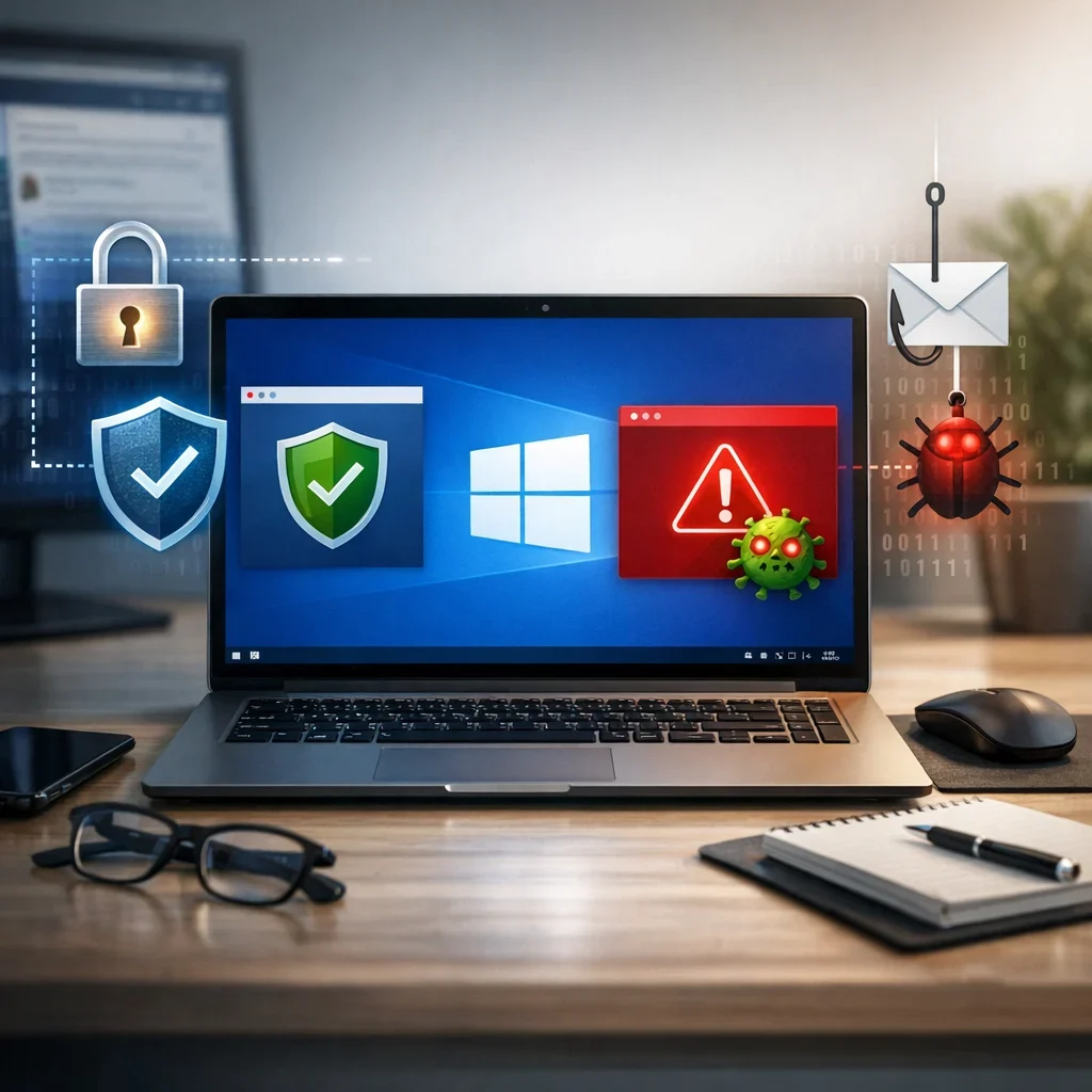 Windows: cosas básicas para no comerte un malware (imagen ilustrativa 1, estilo Berraquero.com, sin texto)